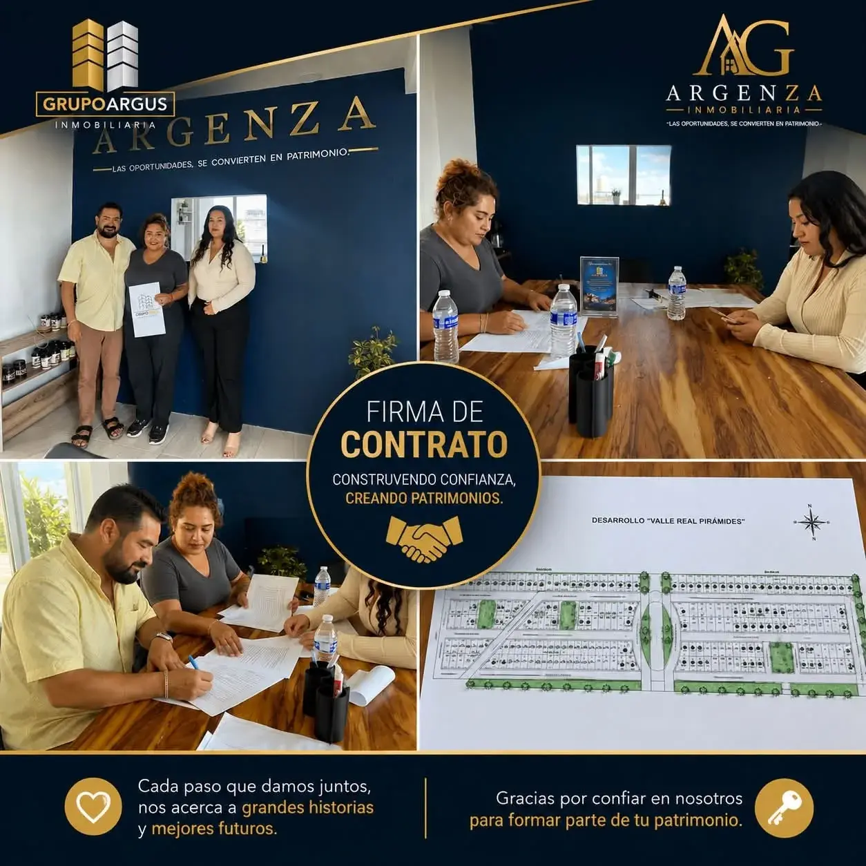 Clientes de Argenza firmando su contrato en oficinas, junto al plano del desarrollo Valle Real Pirámides.